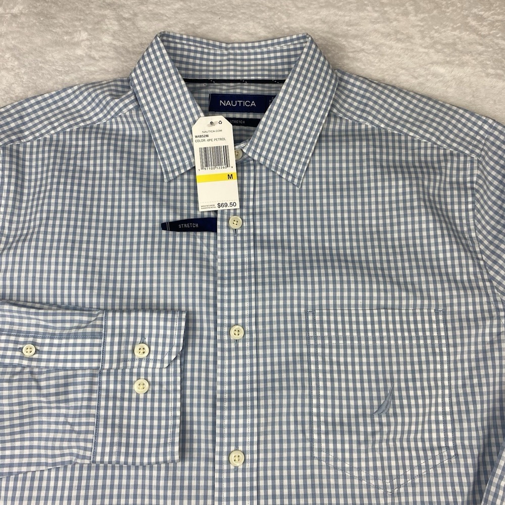 Nautica Shirt‎ Mens Medium Light Blue Checks Stretch Regular Fit NWT!